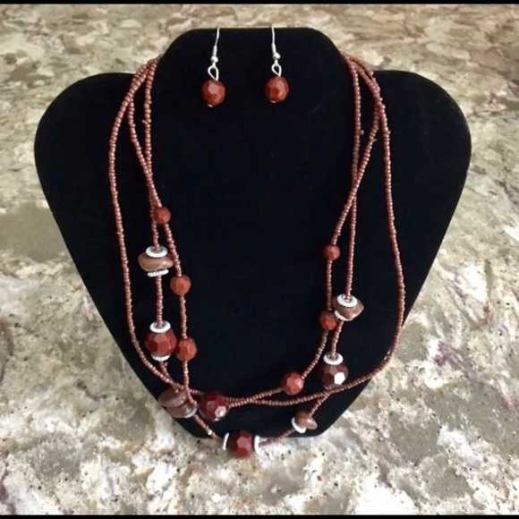 Brown and Silver Beaded Necklace and Earring Set - New with Tag - Picture 1 of 1
